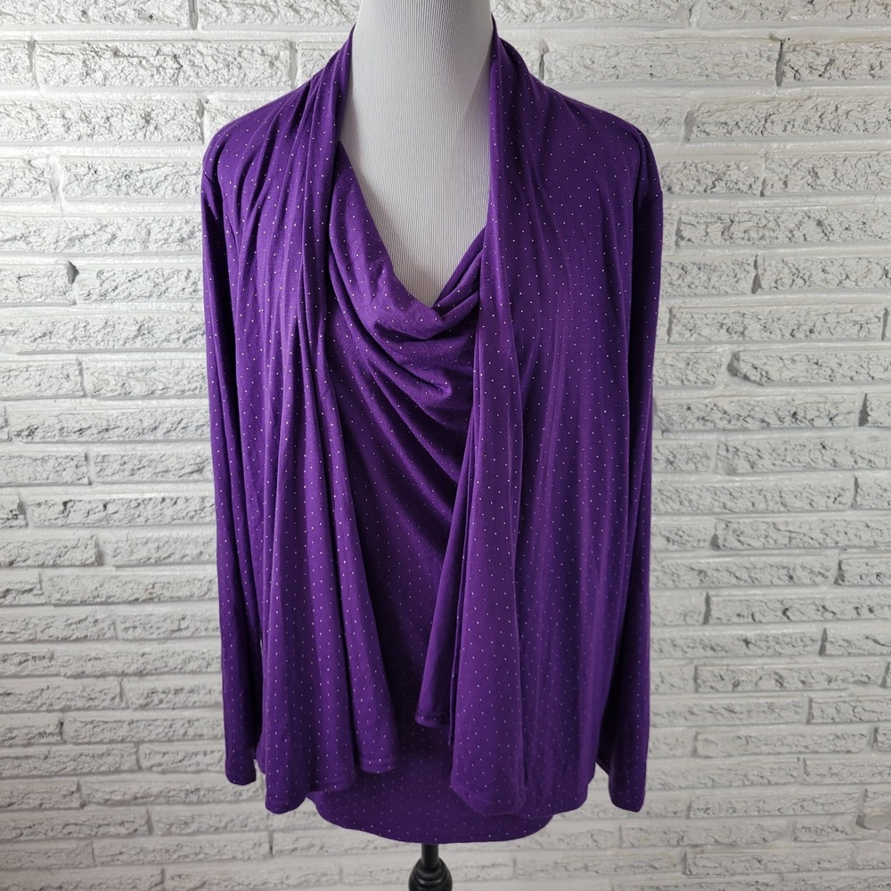 Laura Scott 1X Plus Size Purple Twofer Top Cowl Neck Raised Dot Long Sleeve